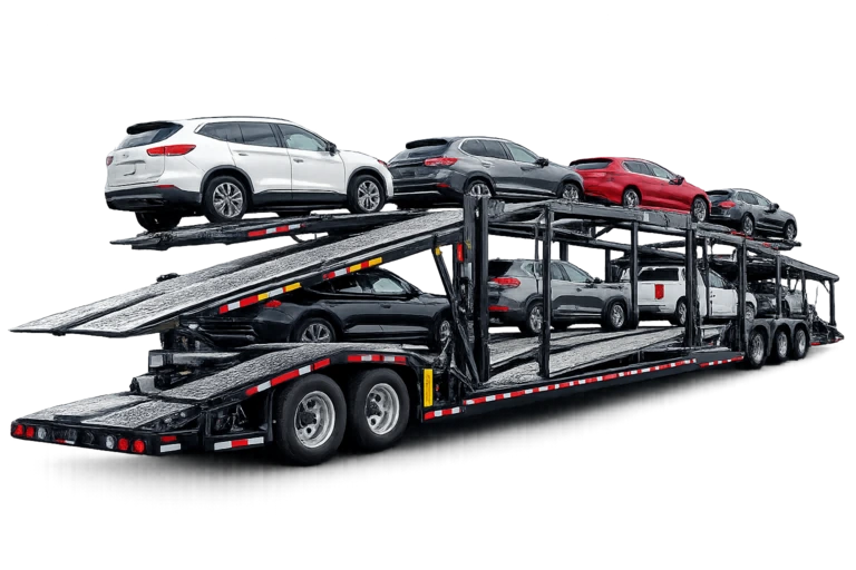 Open trailer carrying multiple vehicles for transport